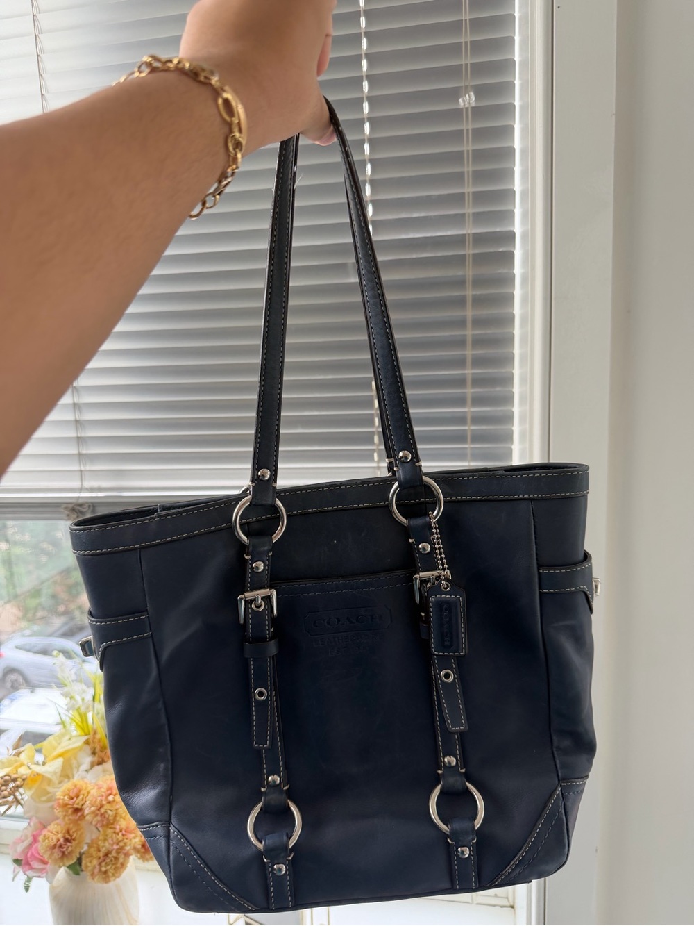 Coach Black Leather Tote with Silver Rings